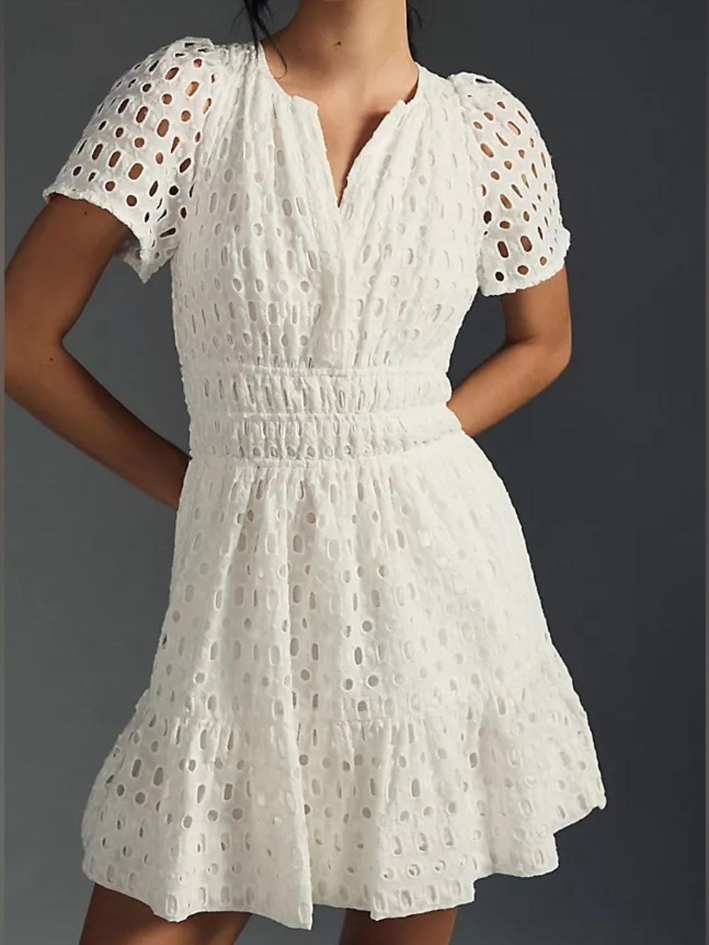 Anthropologie The Somerset Mini Dress Eyelet White Smocked Pockets Size S